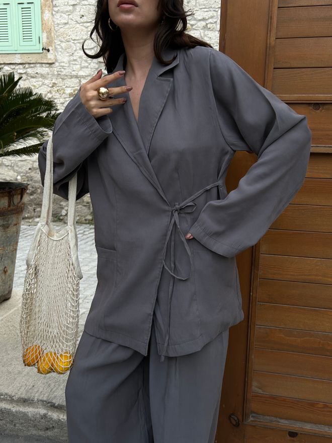 First Angels Anthracite 100% Modal Fabric Tie Oversize Jacket 29106 Wholesale Clothing Casual