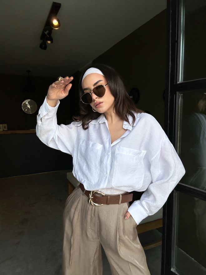 First Angels Бяла 100% Модална Материя Джобна Дълга Риза С Голям Размер 29108 Дрехи на едро Небрежен