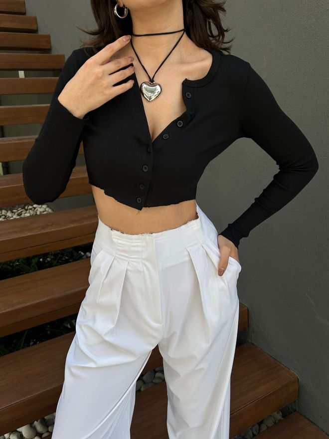 First Angels Black 100% Cotton Open Collar Buttoned Ribbed Knitted Blouse 29125 Wholesale Clothing Casual
