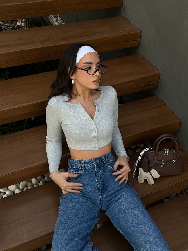 First Angels Grey 100% Cotton Open Collar Buttoned Ribbed Knitted Blouse 29125 Wholesale Clothing Birthday