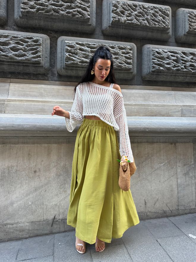 First Angels Oil Green 100% Modal Long Skirt 29078 Wholesale Clothing 5