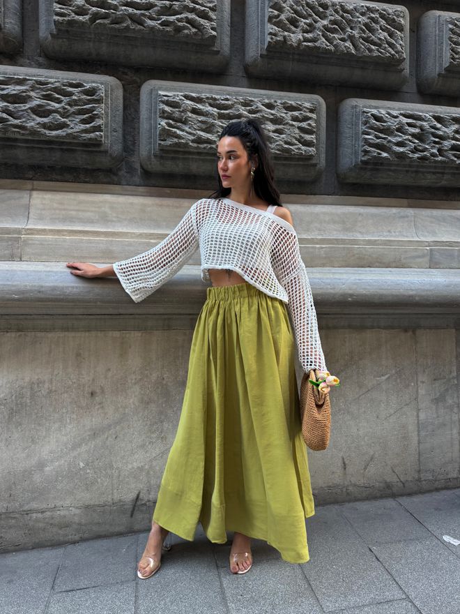 First Angels Oil Green 100% Modal Long Skirt 29078 Wholesale Clothing Elegant