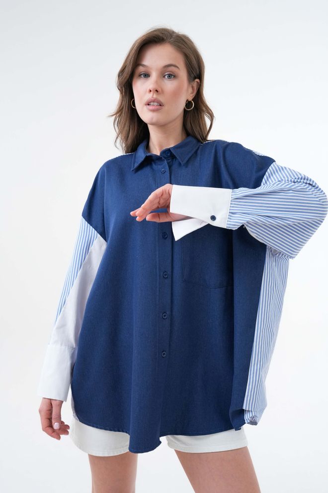 First Angels Camicia Oversize Guarnita In Denim E Tessuto A Righe Blu Navy 29068 Abbigliamento all'ingrosso Casuale