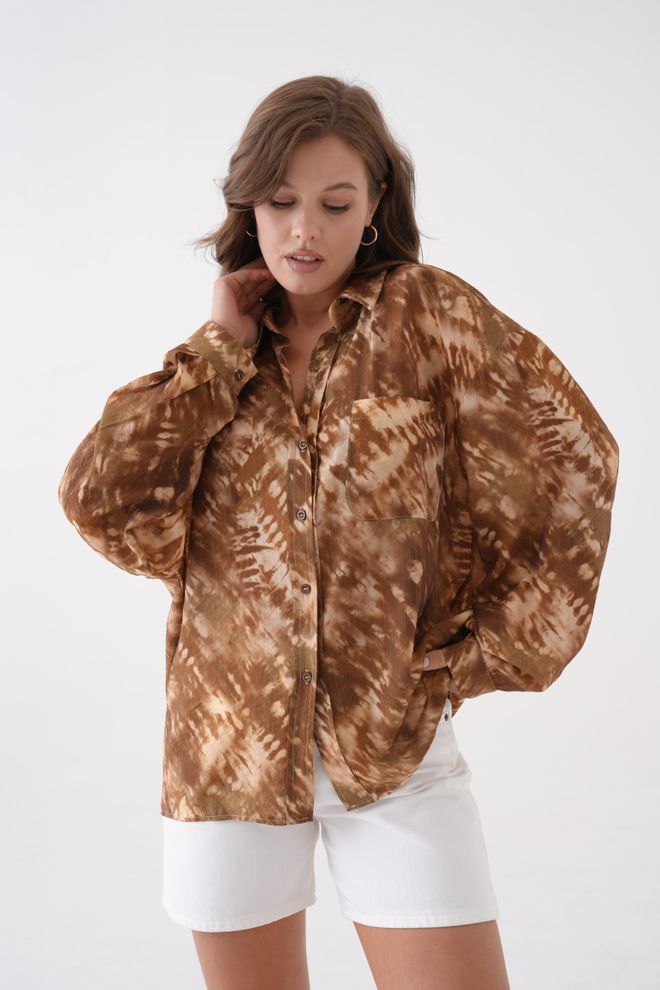 First Angels Camicia Oversize In Tessuto Modale Con Motivo Tie Dye Caffè 29188 Abbigliamento all'ingrosso Casuale
