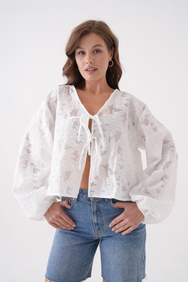 First Angels White Creamy Chiffon Patterned Organza Blouse 29101 Wholesale Clothing Casual