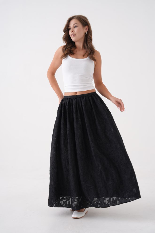 First Angels Zwarte Lange Rok Met Brandend Chiffonpatroon Van Organza Voering 29096 Groothandel Kleding Casual