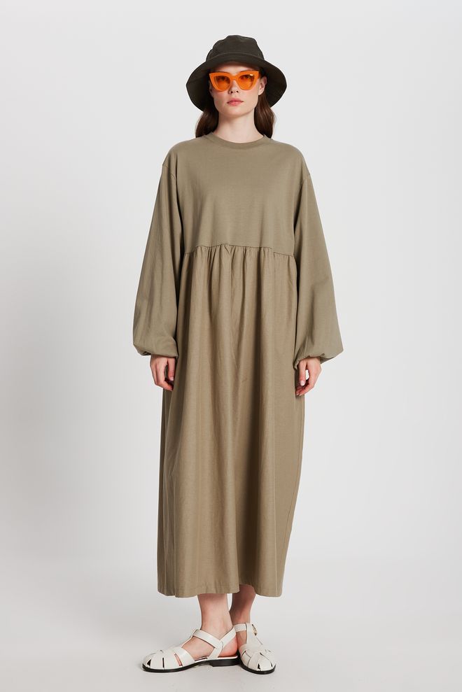 First Angels Haki Üstü Penye Altı Dokuma Oversize Uzun Kollu Uzun Elbise 28169 Toptan Giyim Polyester