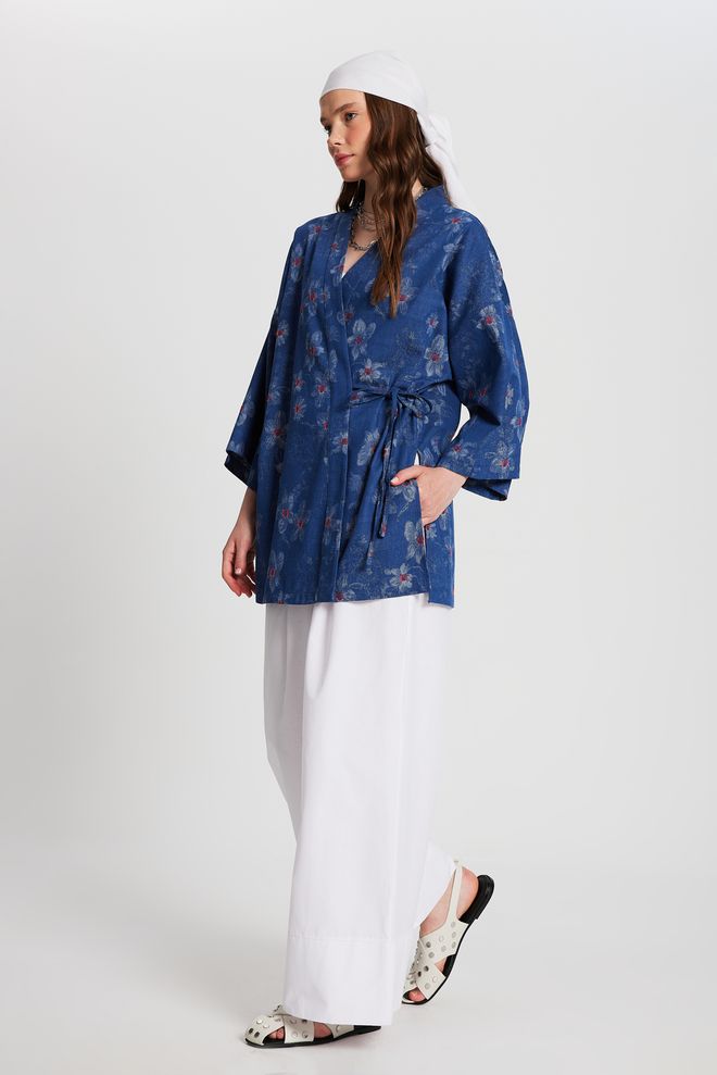 Umay Kimono Blu Etnico Boho Con Motivo Floreale Abbigliamento all'ingrosso Modesto