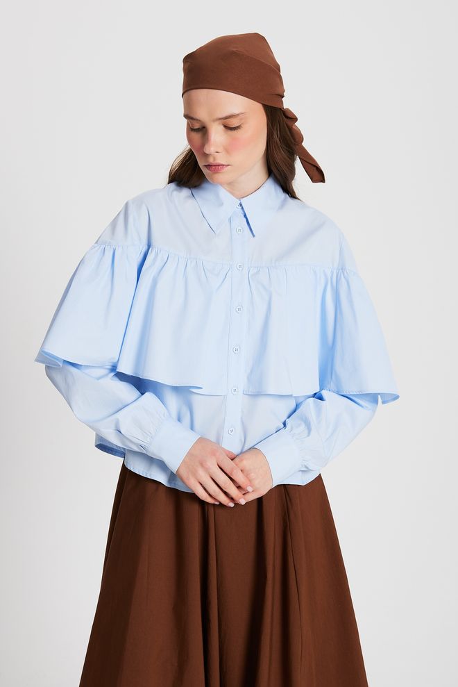 First Angels Camicia A Taglio Ampio In Tessuto Di Cotone Con Balze Blu 29136 Abbigliamento all'ingrosso Casuale