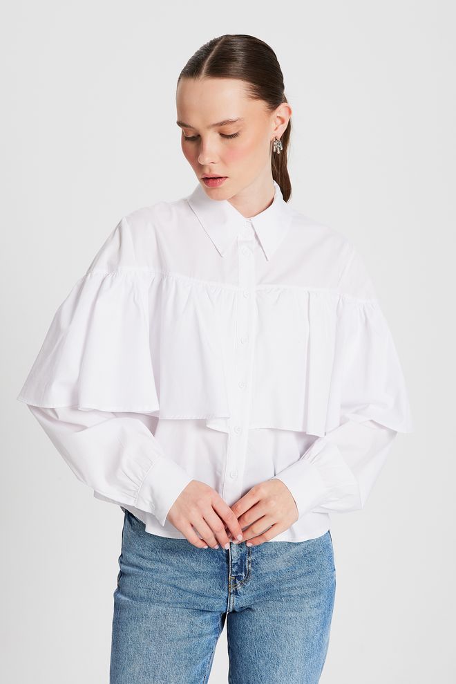 First Angels Camicia A Taglio Largo In Tessuto Di Cotone Con Balze Bianco 29136 Abbigliamento all'ingrosso Casuale