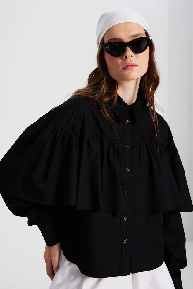 First Angels Camicia A Taglio Largo In Tessuto Di Cotone Arruffato Nero 29136 Abbigliamento all'ingrosso Casuale