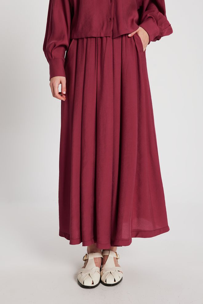 First Angels Burgundy Pleated Pocket Modal Long Skirt 29145 Wholesale Clothing Casual