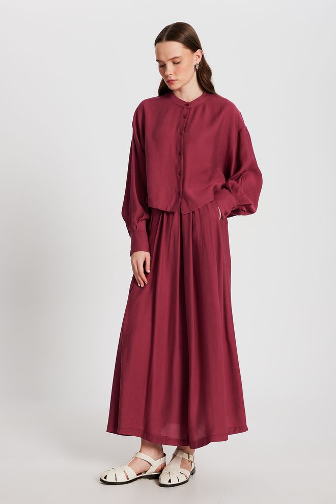 First Angels Burgunderfarbener Langer Modalrock Mit Plissierter Tasche 29145 Großhandelskleidung Modest