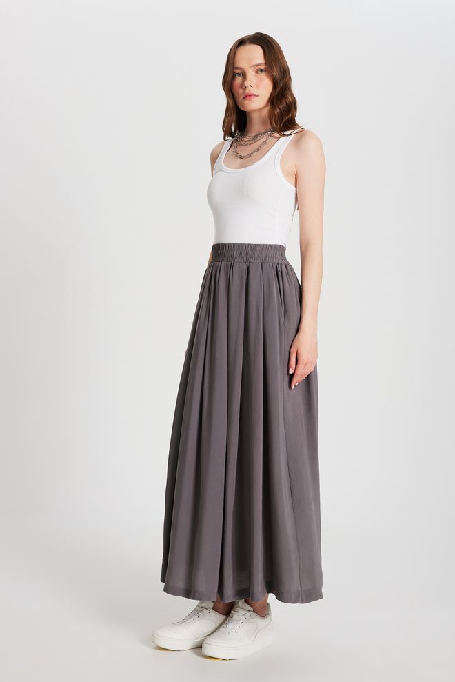 First Angels Anthracite Pleated Pocket Modal Long Skirt 29145 Wholesale Clothing Casual