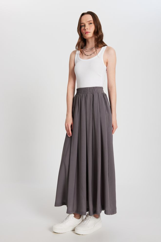 First Angels Anthrazitfarbener Langrock Aus Modal Mit Plissierter Tasche 29145 Großhandelskleidung Modal – Material