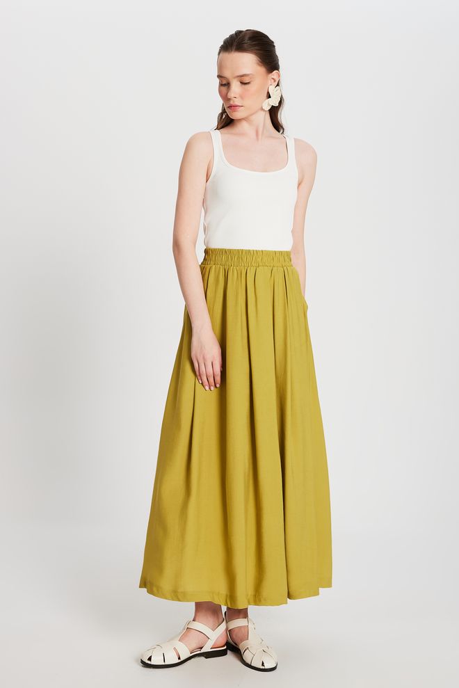 First Angels Oil Green Pleated Pocket Modal Long Skirt 29145 Wholesale Clothing Casual