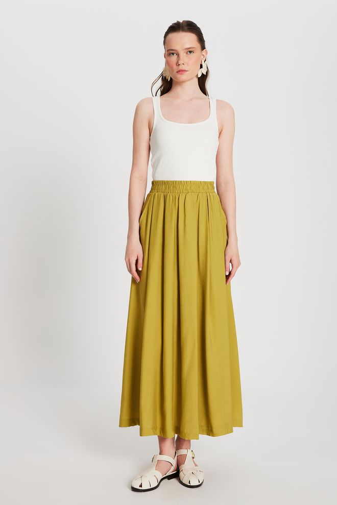 First Angels Oil Green Pleated Pocket Modal Long Skirt 29145 Wholesale Clothing Modal