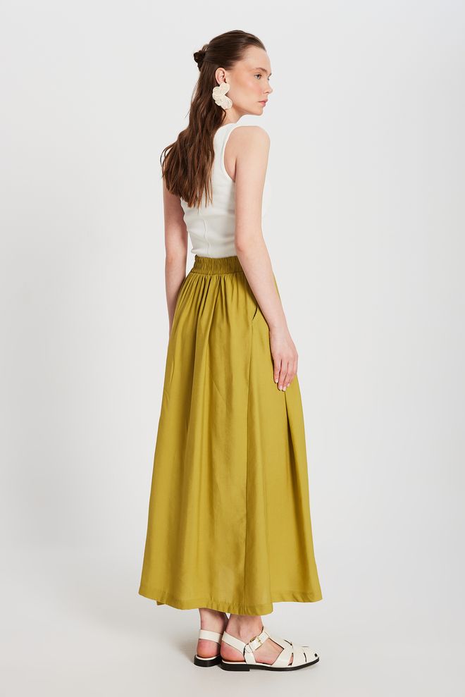 First Angels Oil Green Pleated Pocket Modal Long Skirt 29145 Wholesale Clothing Birthday