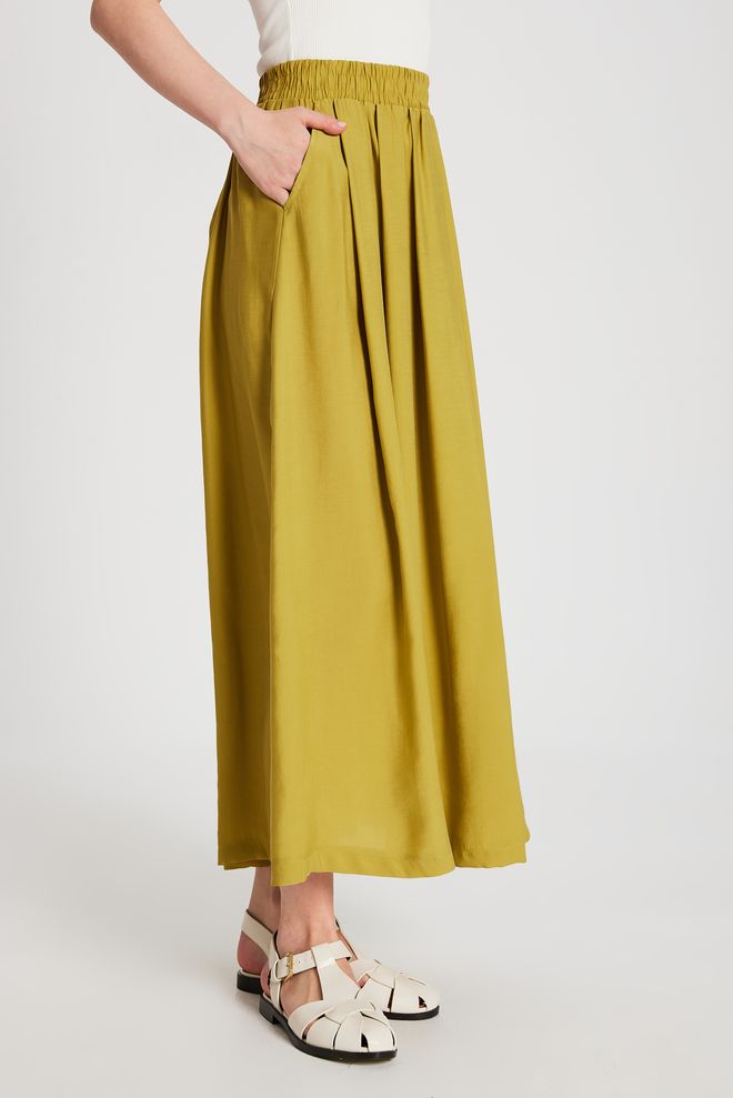 First Angels Oil Green Pleated Pocket Modal Long Skirt 29145 Wholesale Clothing Summer