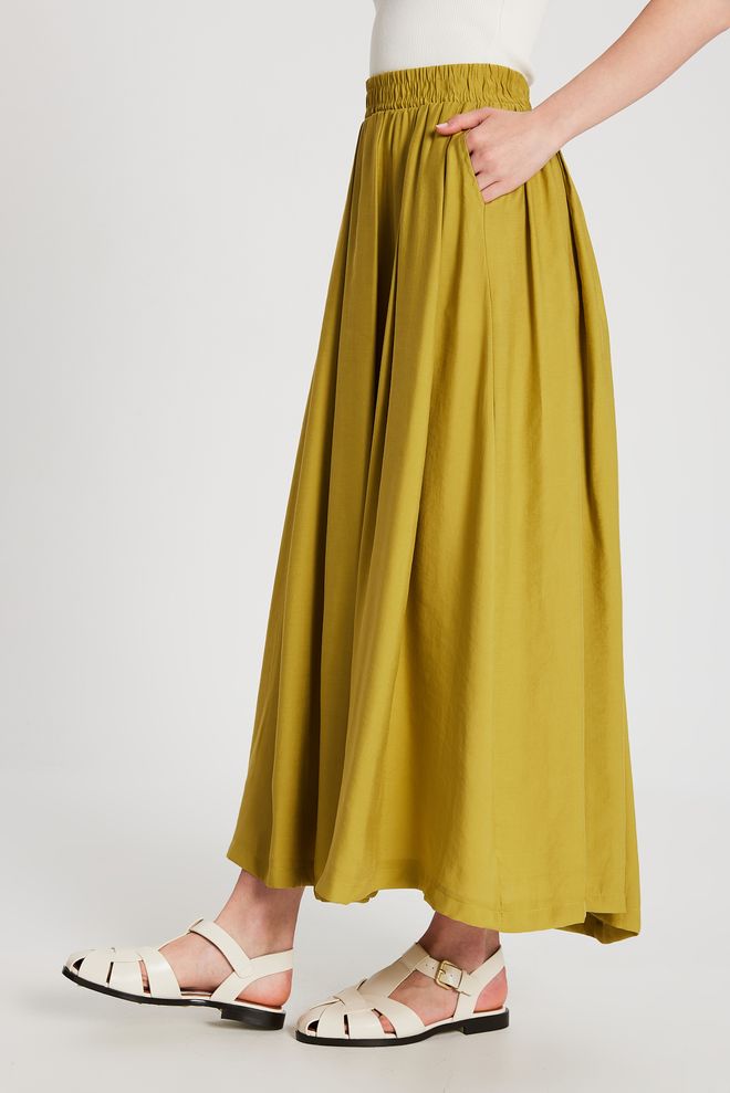 First Angels Oil Green Pleated Pocket Modal Long Skirt 29145 Wholesale Clothing 5
