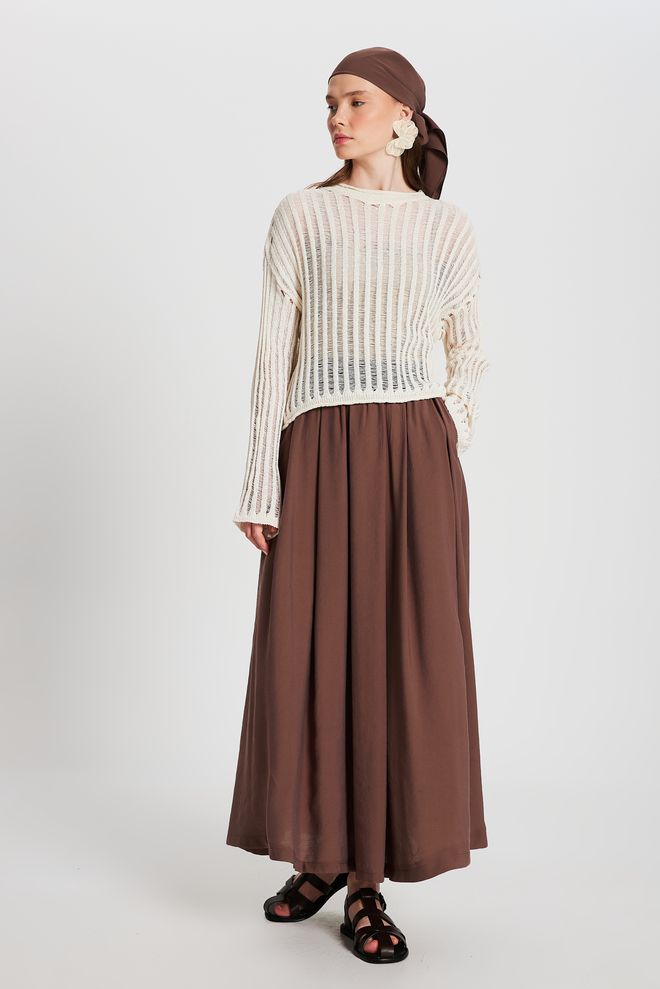 First Angels Brown Pleated Pocket Modal Long Skirt 29145 Wholesale Clothing Casual
