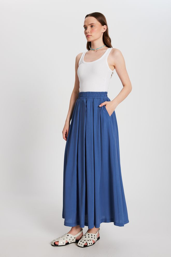 First Angels Indigo Pleated Pocket Modal Long Skirt 29145 Wholesale Clothing Casual
