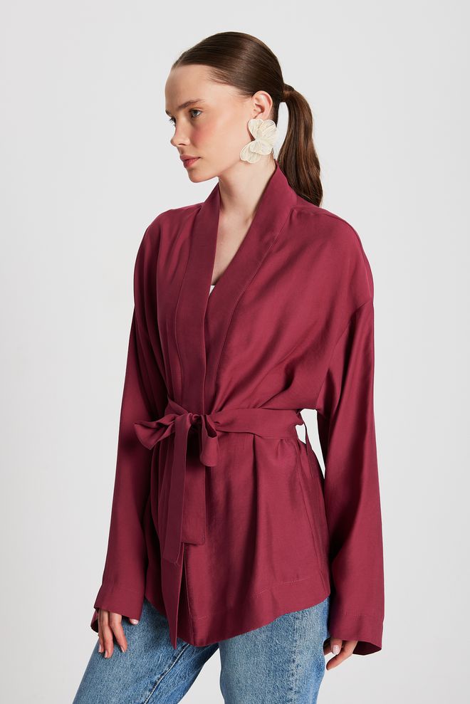 First Angels Burgundy Oversize 100% Modal Tie Kimono Jacket 29146 Wholesale Clothing Casual
