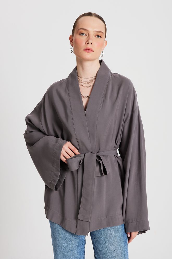 First Angels Anthracite Oversize 100% Modal Tie Up Kimono Jacket 29146 Wholesale Clothing Casual