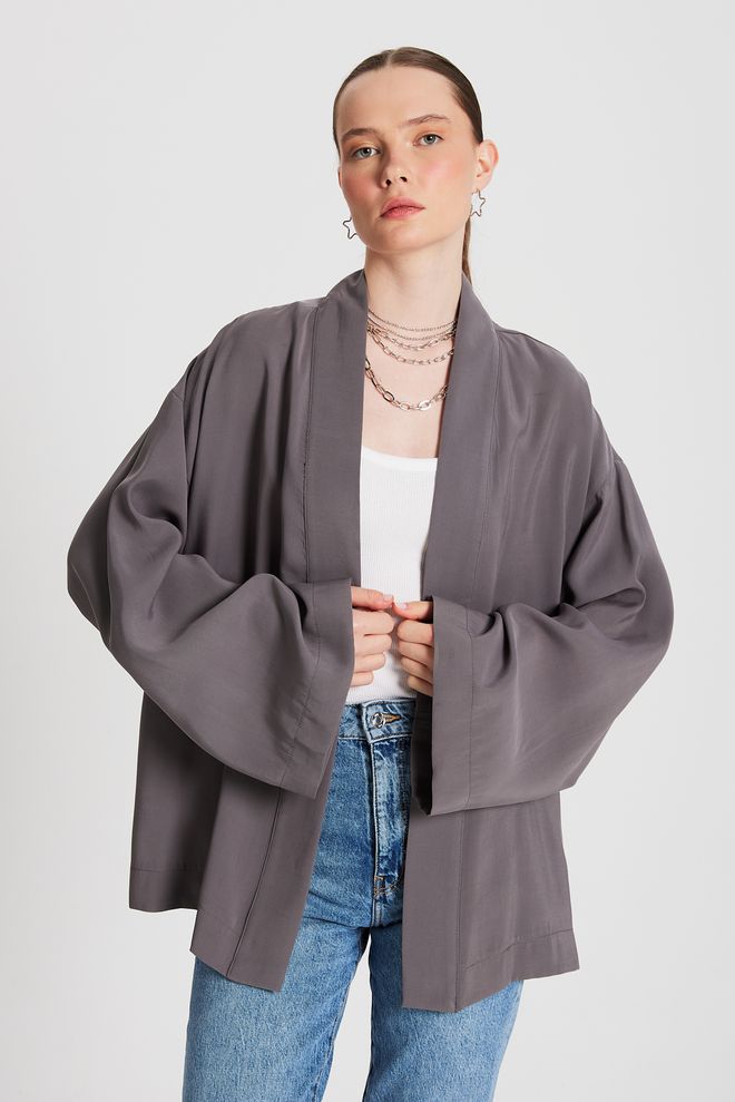 First Angels Anthracite Oversize 100% Modal Tie Up Kimono Jacket 29146 Wholesale Clothing Modal