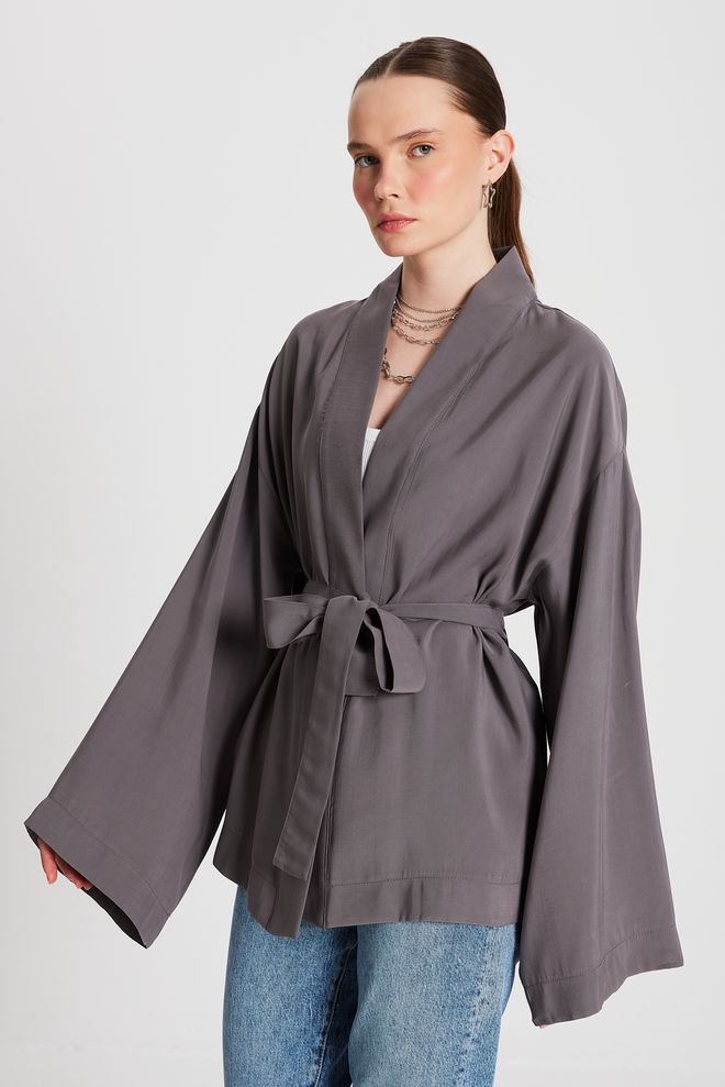 First Angels Anthracite Oversize 100% Modal Tie Up Kimono Jacket 29146 Wholesale Clothing Summer