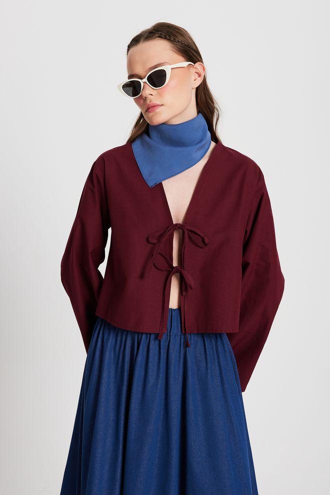 First Angels Burgundy Poplin Front Tie Blouse 29085 Wholesale Clothing Casual
