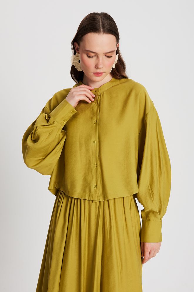 First Angels Oil Green 100% Modal Dominant Collar Short Shirt 29147 Wholesale Clothing Modal