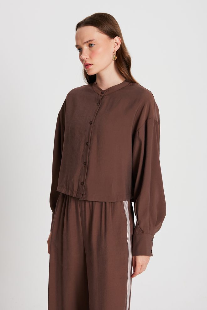 First Angels Brown 100% Modal Dominant Collar Short Shirt 29147 Wholesale Clothing Summer