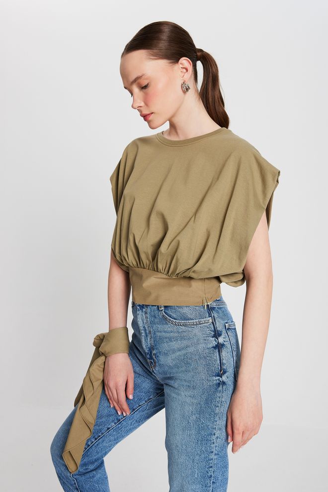 First Angels Khaki Knitted And Woven Garnished Design Blouse 29157 Wholesale Clothing Casual