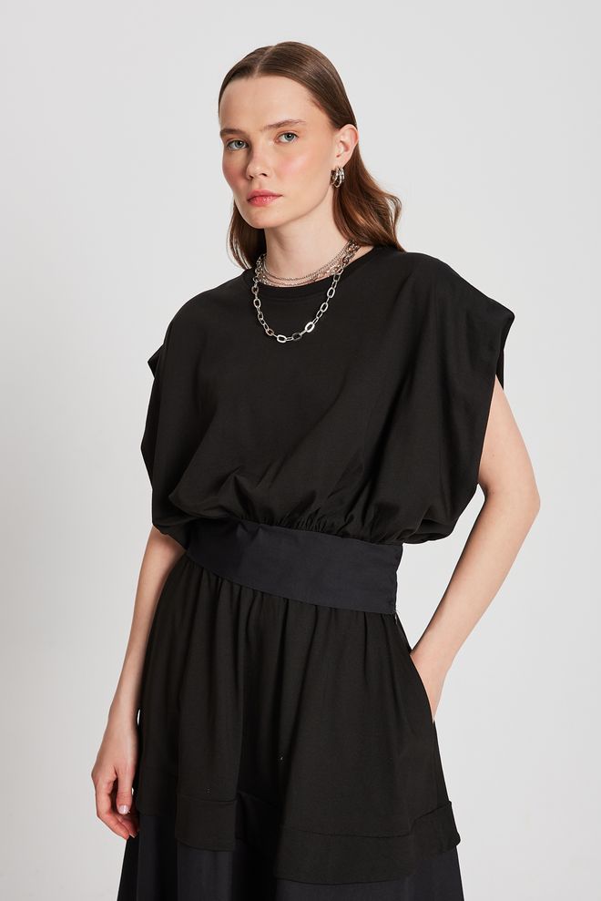 First Angels Black Knitted And Woven Garnished Design Blouse 29157 Wholesale Clothing Casual