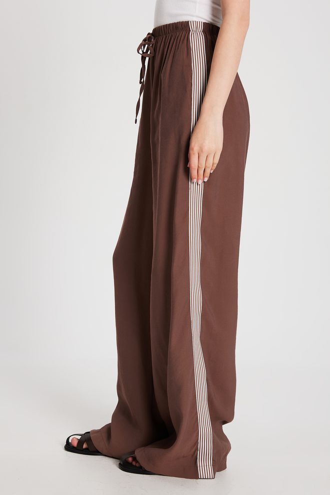 First Angels Brown 100% Modal Loose Fit Sides Striped Pants 29139 Wholesale Clothing Casual