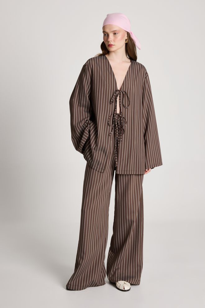 First Angels Bruin Gestreept Casual Oversized Pak Groothandel Kleding Casual