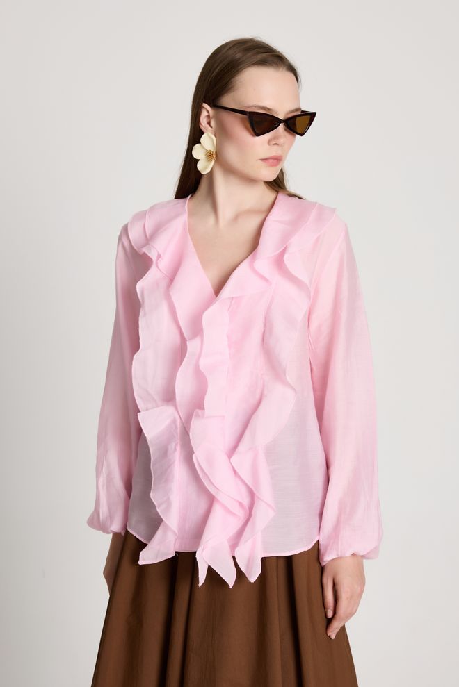 First Angels Розова Елегантна Риза С Копчета И V образно Деколте Дрехи на едро Небрежен