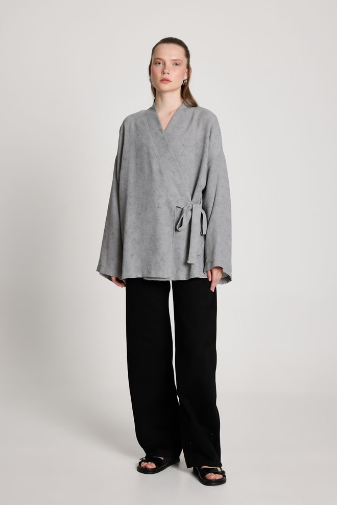 First Angels Grey Kimono Oversized V Neck Tie Closure Wholesale Clothing 1