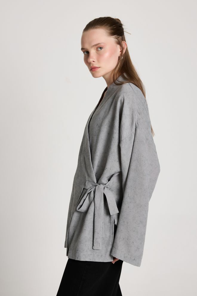 First Angels Grey Kimono Oversized V Neck Tie Closure Wholesale Clothing Casual