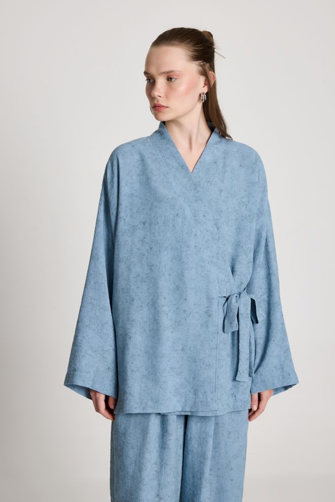 First Angels Kimono Ethnique Bleu Décontracté Avec Fermeture Cravate Vêtements en gros Modeste