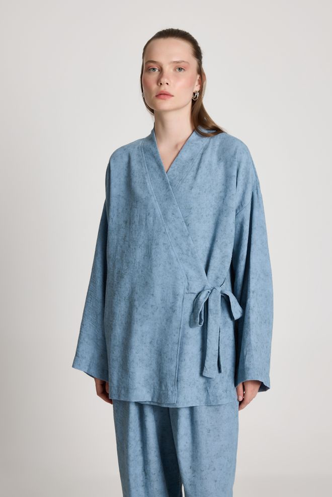 First Angels Blue Ethnic Casual Kimono With Tie Closure Wholesale Clothing Lounge