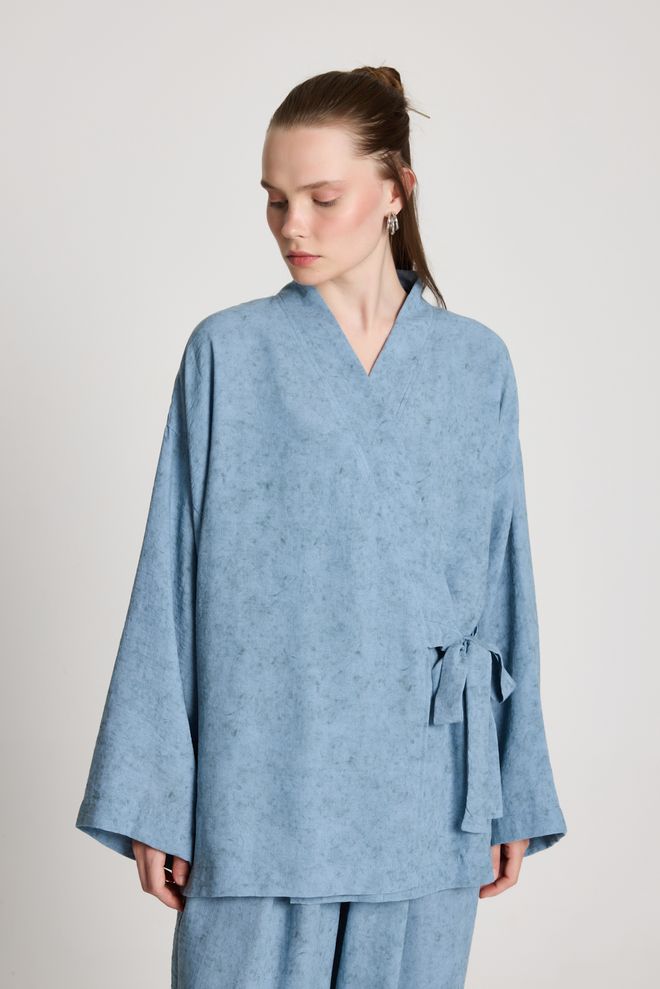 First Angels Blue Ethnic Casual Kimono With Tie Closure Wholesale Clothing Casual