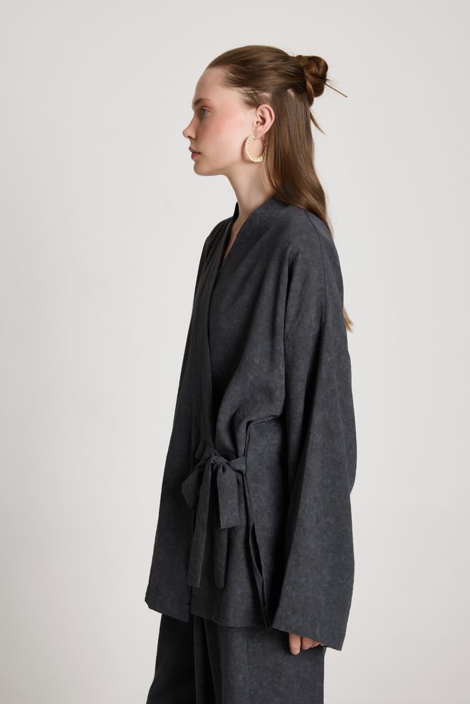 First Angels Black Kimono Oversized Tie Closure V Neck Wholesale Clothing Lounge