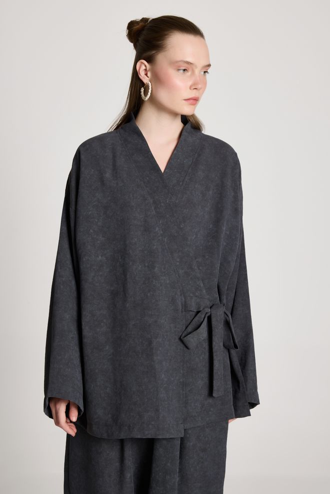 First Angels Black Kimono Oversized Tie Closure V Neck Wholesale Clothing Summer