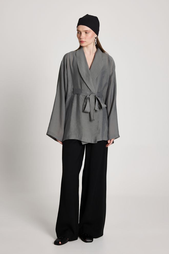 First Angels Grey Ethnic Tie Closure Kimono With Notched Neck Wholesale Clothing Casual