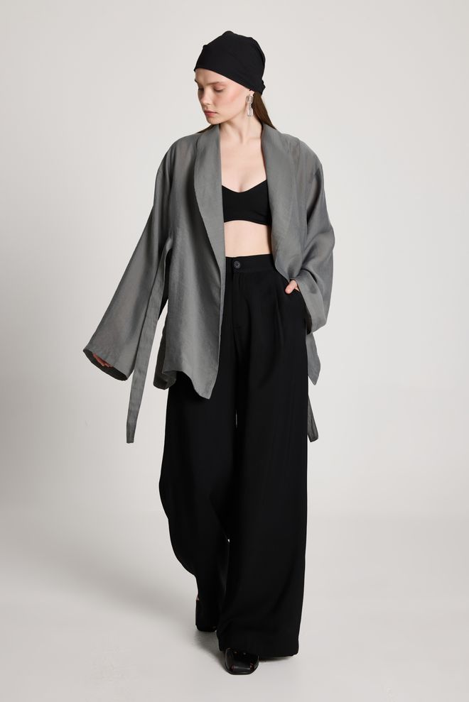 First Angels Grey Ethnic Tie Closure Kimono With Notched Neck Wholesale Clothing 1