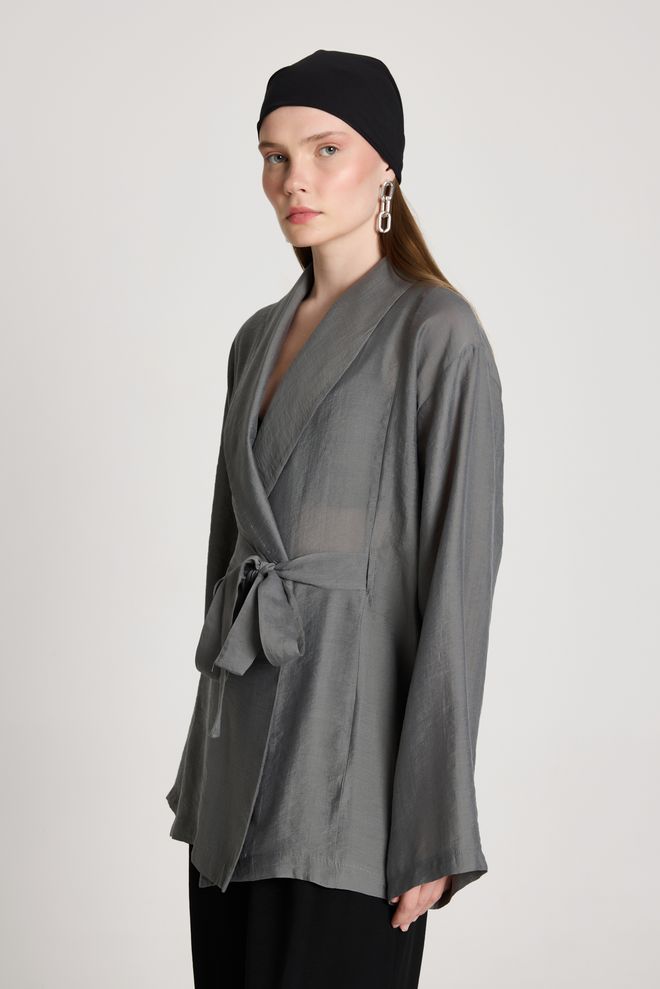 First Angels Grey Ethnic Tie Closure Kimono With Notched Neck Wholesale Clothing Work