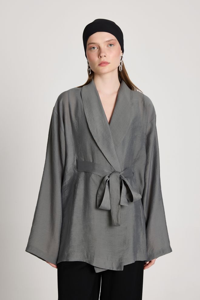 First Angels Grey Ethnic Tie Closure Kimono With Notched Neck Wholesale Clothing Summer