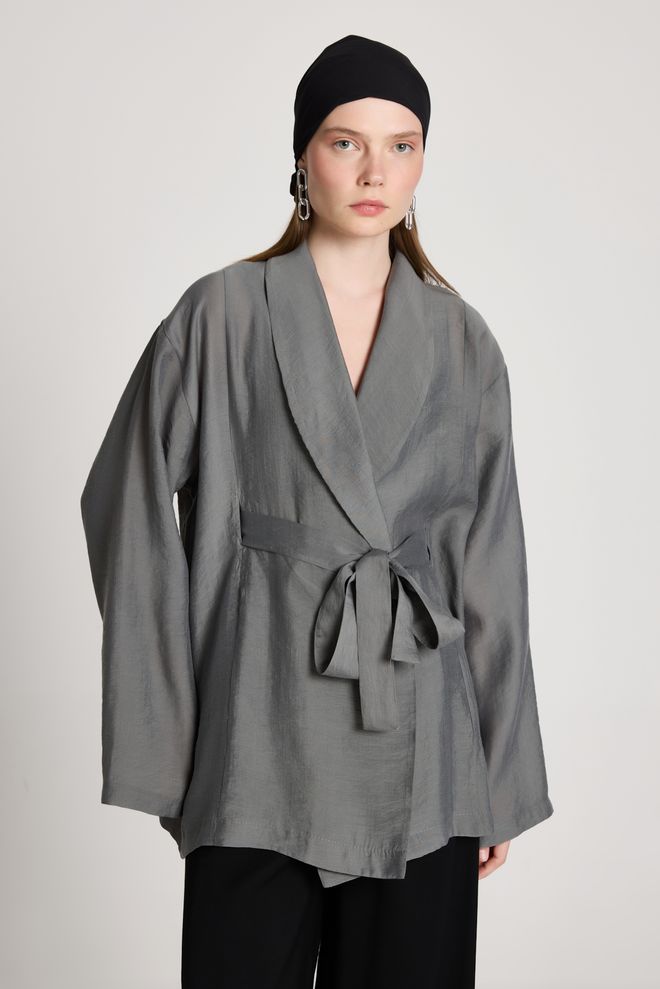 First Angels Grey Ethnic Tie Closure Kimono With Notched Neck Wholesale Clothing 5